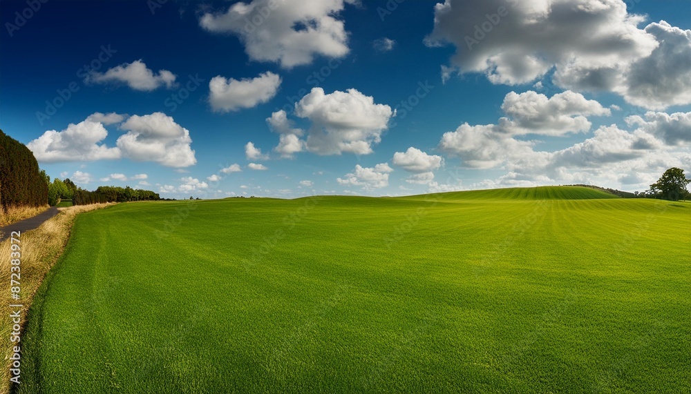 Wall mural beautiful natural scenic panorama green field of cut grass and blue sky with clouds on horizon perfe