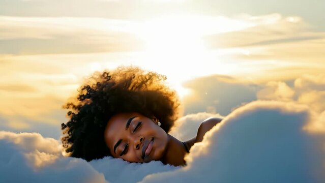 Black woman with afro hair sleeping peacefully on clouds in the sky, relaxing 