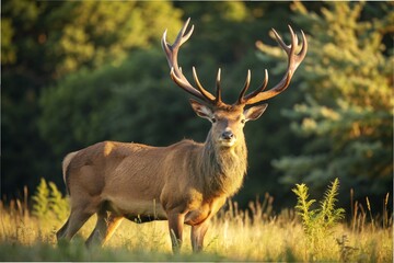 Sunlit red deer, cervus elaphus, stag with new antlers growing facing camera in summer nature. Alert herbivore from side view with copy space. Wild animal with brown fur observing on hay field.
