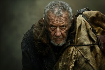 elderly man with a weathered face wears a backpack, symbolizing his journey through lifes hardships.