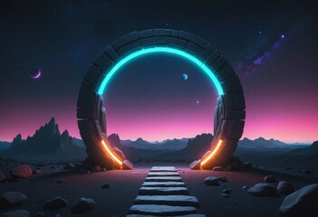 Mysterious cyber portal entrance with neon violet glow illuminating a cosmic stone landscape in a fantasy universe