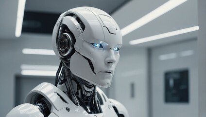 Modern humanoid cyborg face, closeup. White robot face