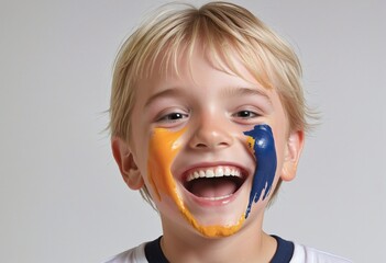 Ecstatic schoolboy covered in vibrant paint, enjoying carefree painting and playful mischief