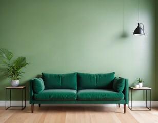Stylish and minimalist living room decor with a bright table against a green wall, beige carpet, and elegant wood flooring in a contemporary apartment