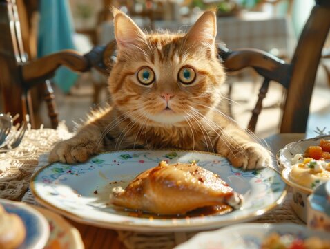 mischievous cat perched at a table, stealthily eyeing a plate of tempting human food, specifically chicken.
