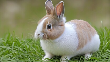 Obraz premium Portrait of a young brown rabbit in wildlife with fluffy fur, sitting in the grass and gazing at the camera in a cute and adorable manner