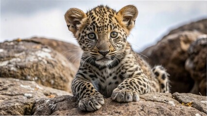 Fototapeta premium A leopard cub perched on a rock, looking curiously at the camera