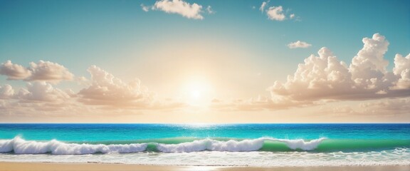 Obraz premium White sandy beach at sunrise, a tropical paradise for a relaxing vacation