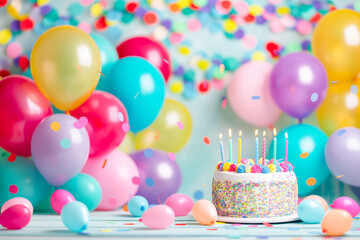 birthday party balloons, colorful balloons background and birthday cake with candles