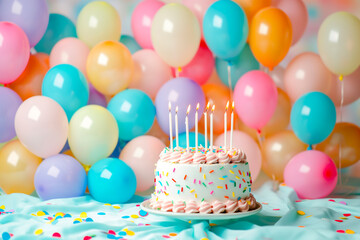 birthday party balloons, colorful balloons background and birthday cake with candles