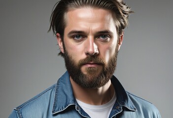 Obraz premium Fashionable young man with a denim shirt and bearded profile portrait exuding cool style and confidence in a barbershop setting
