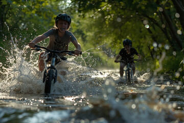 Boys Splashing Through Water on Bikes