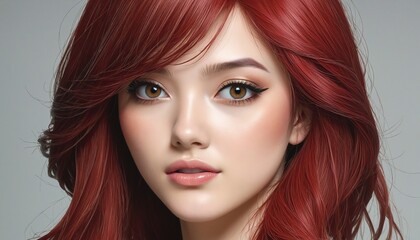 Obraz premium Sensual portrait of a flirty brunette with honed beauty and red hair in anime style