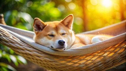 Cute puppy sleeping in hammock on the beach at sunset.
