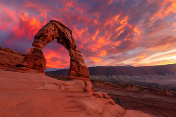 Red rock formations stand beneath a vibrant, fiery sunset sky, creating a striking contrast with the tranquil, expansive desert landscape in the background.