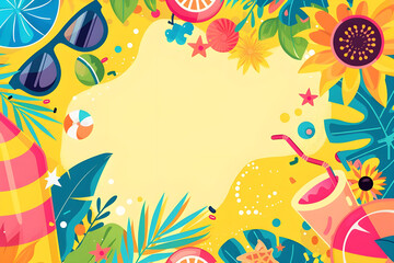 Naklejka premium Colorful summer vibes with sunglasses, beach ball, sunflowers, and tropical drinks. Copy space.