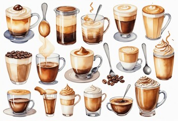 Morning coffee inspiration: Watercolor illustrations of various coffee cups and delicious beverages, perfect for cafe menu design or bakery decor