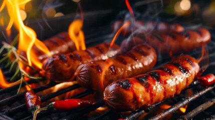 Sausages, bratwurst sizzling on a hot grill