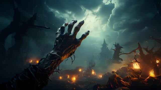 Zombies rise from the dead in a dark scary forest at night and pull their hands out of the ground for the Halloween holiday