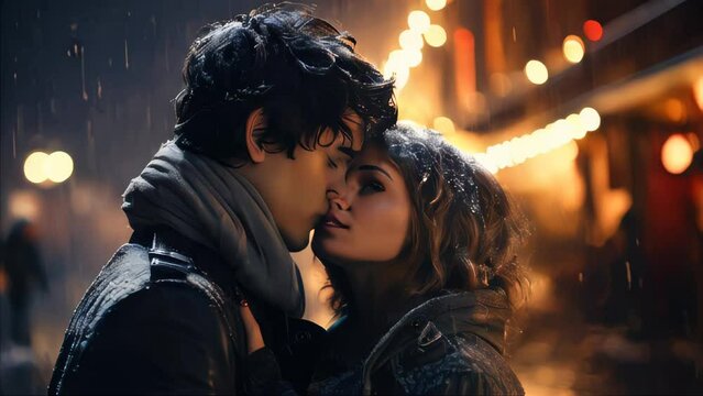 Two lovers beautiful couple man and woman hugging and kissing on a romantic evening in the rain