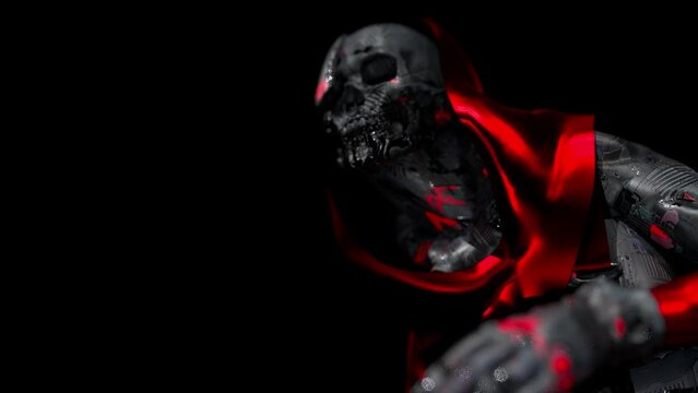 cyborg with artificial intelligence, humanoid robot warrior, scary version, black background, 3d render