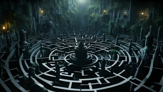 A man stands in a maze and thinks, view from the back. The concept of difficulty in making a decision