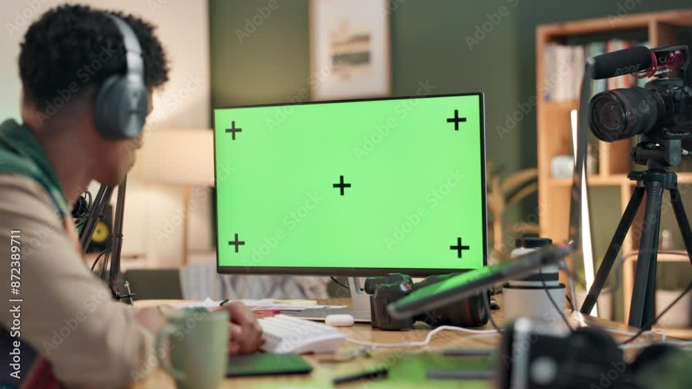 Poster green screen, computer and man in home office, working and editing for online video, podcast and pro
