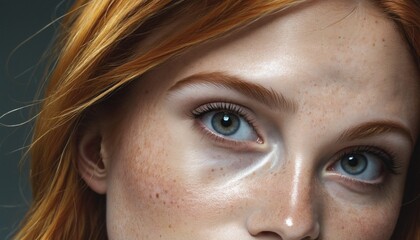 Intense artistic portrait of a young redheaded woman staring directly into the camera with a focus on eye and freckles, illuminated by vibrant sunlight