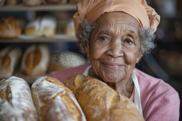 Senior baker woman holding freshly baked bread in bakery - Powered by Adobe