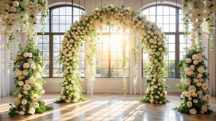 Fototapeta premium wedding flowers, Enchanting wedding Garden Archway transporting guests to a realm of joy and fairy tale