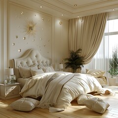 Elegant Bedroom with White Bedding and Gold Accents