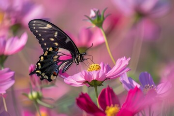 Naklejka premium Beautiful black and pink butterfly enjoying nectar of pink cosmos flower