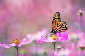 Obraz premium Monarch butterfly feeding on pink cosmos flower in a flower garden