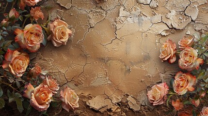 Peach roses on cracked clay surface, rustic floral frame, vintage decor, earthy tones, nature-inspired design, desert vibe, minimalistic arrangement, blooming flowers, copy space for text

