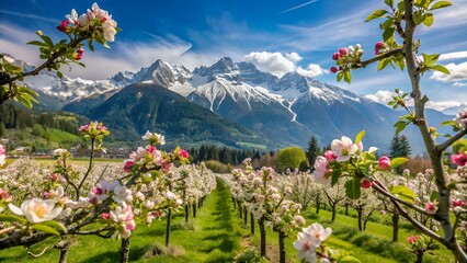 Apfelblüte in Südtirol vor schneebedeckten Bergen