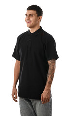 Fototapeta premium Handsome young man in stylish black t-shirt on white background