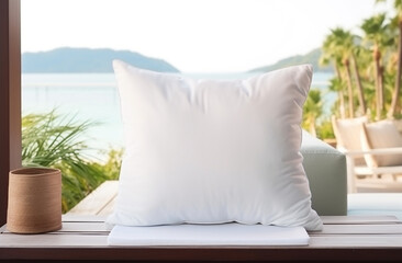 White blank pillow mockup coastal style interior lying on a sofa