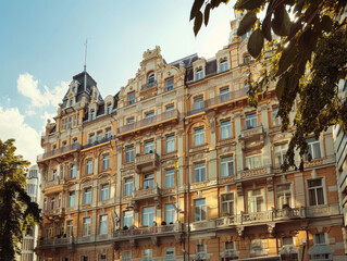 Fototapeta premium An intricately designed, multi-story building bathed in warm sunlight, framed by lush green trees, exudes a sense of historical elegance and charm.