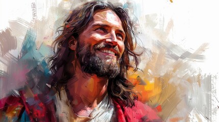 The portrait of Jesus Christ on a white background is digitally painted. Jesus is smiling.