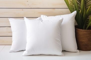 White blank pillow mockup coastal style interior lying on a sofa