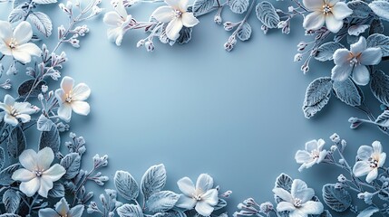 Frozen flowers and leaves on blue background, winter floral frame, icy design, cold season theme, frosty decor, white blossoms, minimalistic, copy space for text

