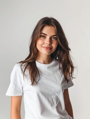 Fototapeta premium Mock up T-shirt. Portrait of a young woman in casual white t-shirt.