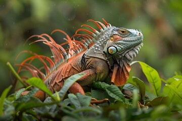 Fototapeta premium Full body view of Green Iguana in natural habitat, full body shot, full body View