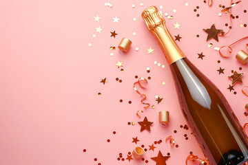 Fototapeta premium Celebration background with golden champagne bottle, confetti stars and party streamers. Christmas, birthday or wedding concept. Flat lay.