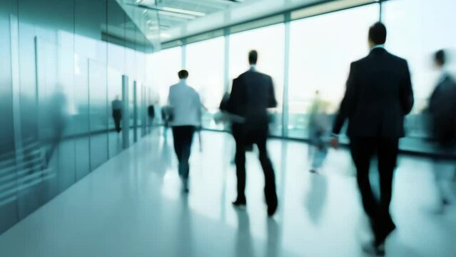 Blurred timelapse of corporate office with glass windows and people walking, showing the busy work commute life, 4k video
