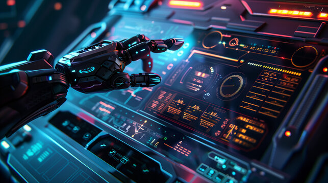 Futuristic robotic arm operating advanced control panel. Neon-lit interface displays complex data. Cyberpunk-inspired scene with holographic readouts and glowing indicators. - Powered by Adobe