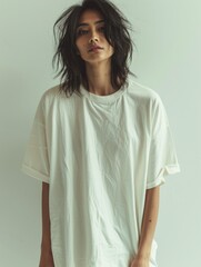 Fototapeta premium Mock up T-shirt. Asian woman in fashion white t-shirt on grey background.