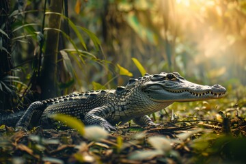 Fototapeta premium Full body view of Saltwater Crocodile in natural habitat, full body shot, full body View