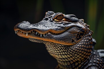 Fototapeta premium Mystic portrait of American Alligator, full body view, isolated on black background