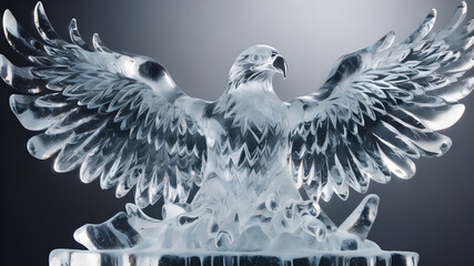 Obraz premium An ice sculpture of an eagle, icicles and water particles in the air sparkling. Generative AI